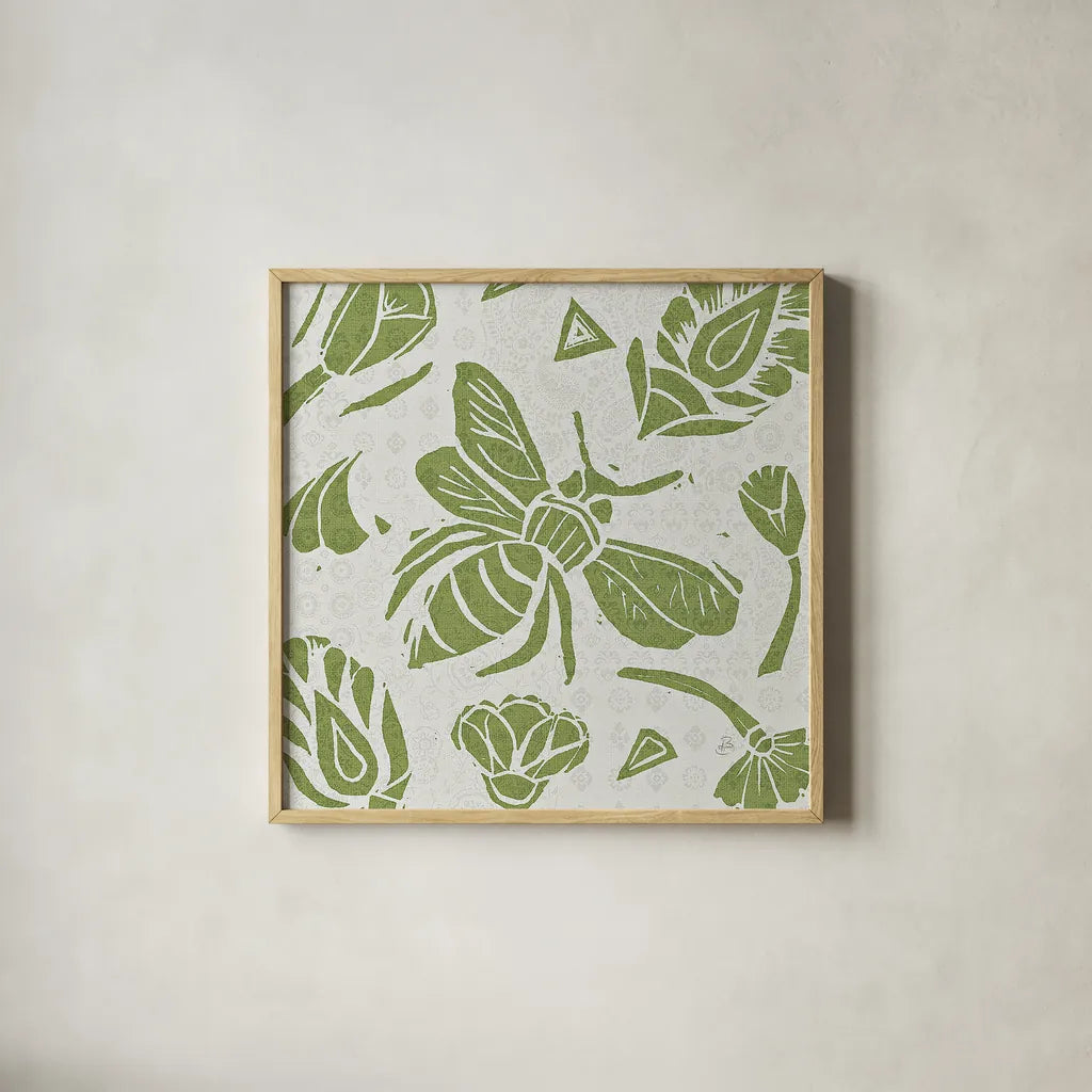 Nordic Woodcut VI by Daphne Brissonnet. Shown in a natural wood glass frame for a timeless modern aesthetic. Available as an archival giclee rolled canvas, fine art paper, or poster print. SKU 21865a.