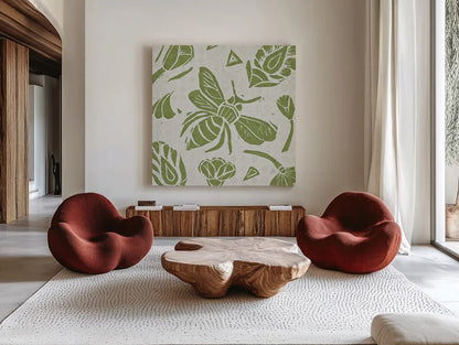 Nordic Woodcut VI by Daphne Brissonnet. Shown as extra-large giant wall art in a modern living room. Available as an archival giclee rolled canvas, fine art paper, or poster print. SKU 21865a.