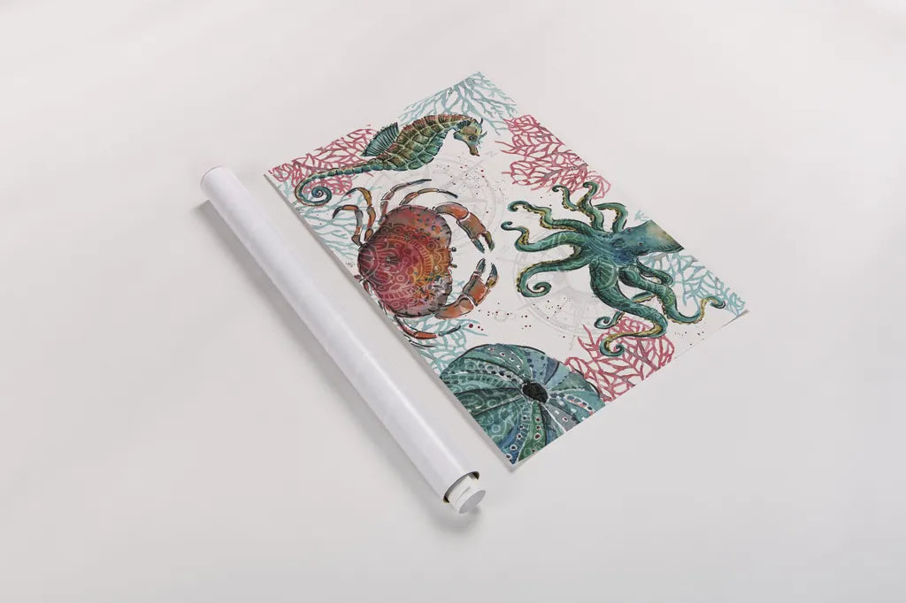 Ocean Finds I by Daphne Brissonnet. shown as a rolled paper print. Available as archival giclee rolled canvas, fine art paper, or poster print. SKU 64725i.