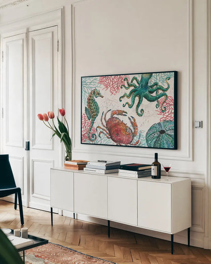 Ocean Finds I by Daphne Brissonnet. shown as a framed stretched canvas in a living room above a console. Available as a archival giclee rolled canvas, fine art paper, or poster print. SKU 64725i.