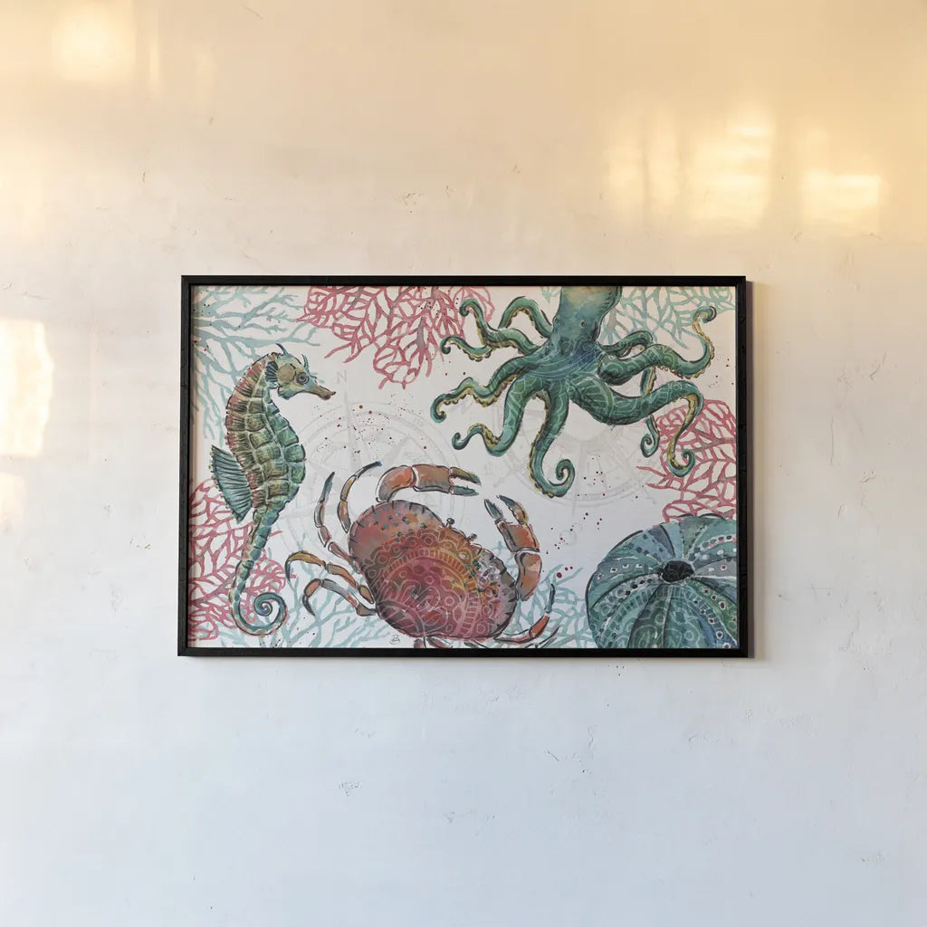 Ocean Finds I by Daphne Brissonnet. shown as a paper print in a black flame. Available as a archival giclee rolled canvas, fine art paper, or poster print. SKU 64725i.