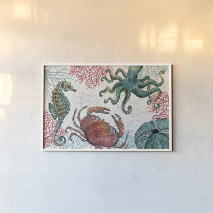 Ocean Finds I by Daphne Brissonnet. shown as a paper print in a white frame. Available as a archival giclee rolled canvas, fine art paper, or poster print. SKU 64725i.