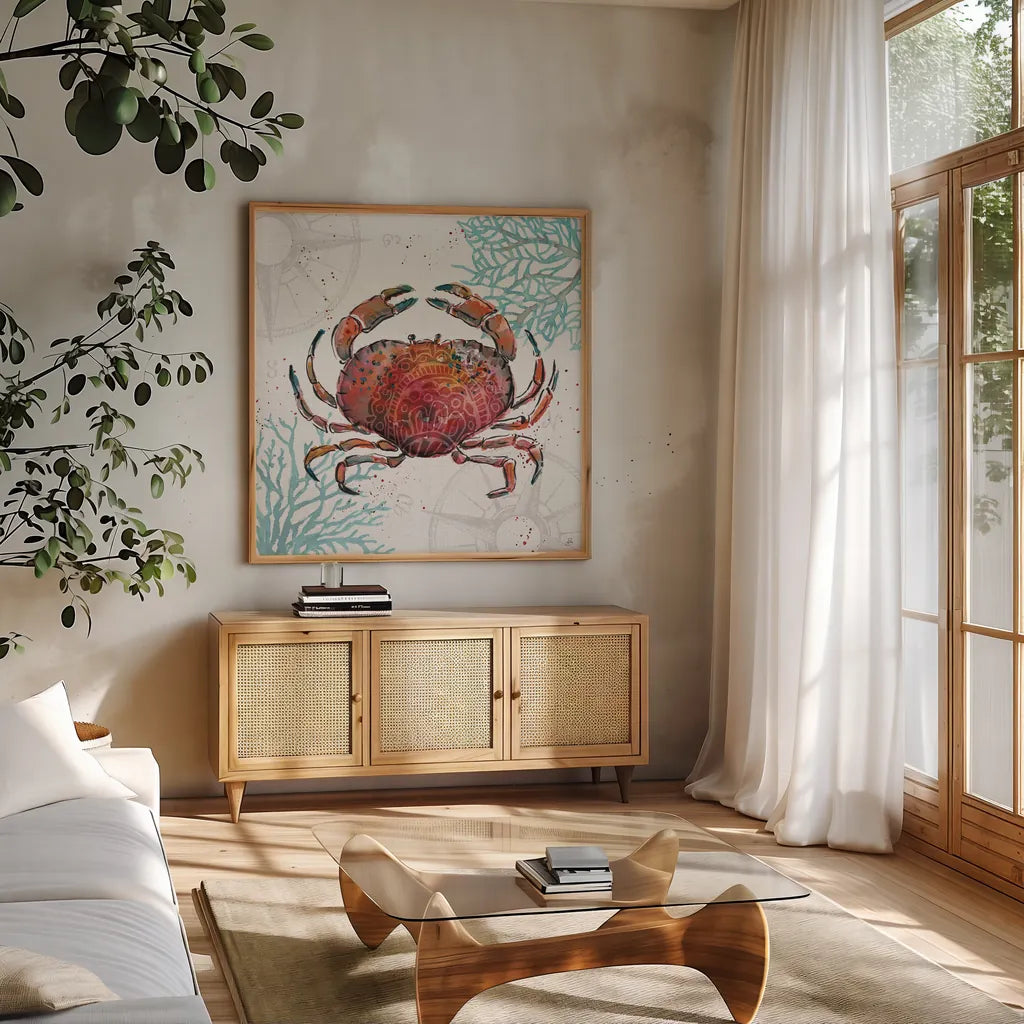 Ocean Finds II by Daphne Brissonnet. Shown in a natural wood frame in a cozy modern living room. Available as an archival giclee rolled canvas, fine art paper, or poster print. SKU 64726a.