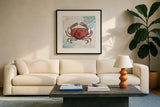 Ocean Finds II by Daphne Brissonnet. Displayed in a glass frame with matte in a clean modern living room. Available as an archival giclee rolled canvas, fine art paper, or poster print. SKU 64726a.