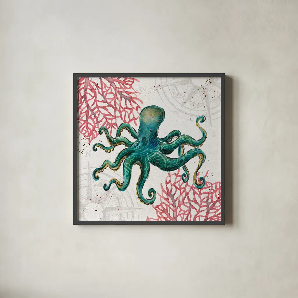 Ocean Finds III by Daphne Brissonnet. Shown in a sleek black glass frame for a contemporary gallery look. Available as an archival giclee rolled canvas, fine art paper, or poster print. SKU 64727a.