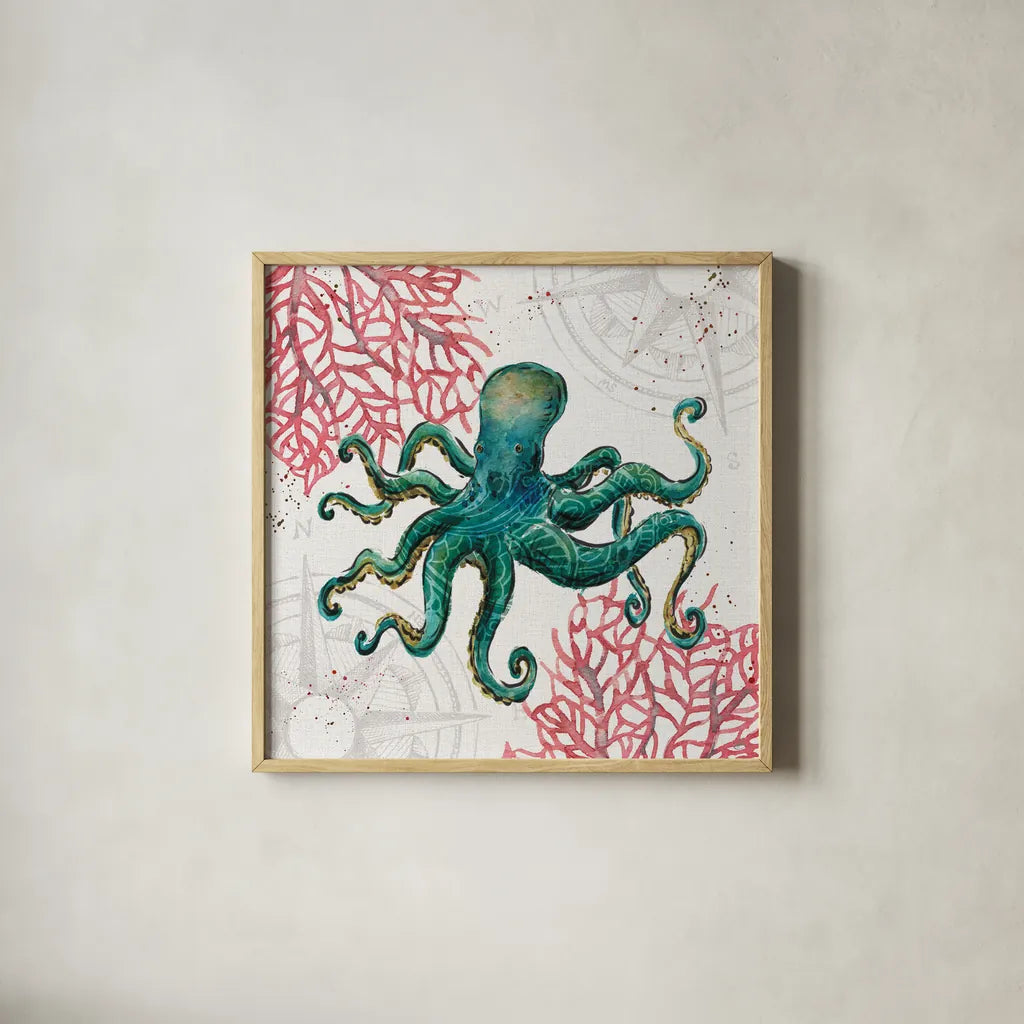 Ocean Finds III by Daphne Brissonnet. Shown in a natural wood glass frame for a timeless modern aesthetic. Available as an archival giclee rolled canvas, fine art paper, or poster print. SKU 64727a.