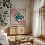 Ocean Finds III by Daphne Brissonnet. Shown in a natural wood frame in a cozy modern living room. Available as an archival giclee rolled canvas, fine art paper, or poster print. SKU 64727a.