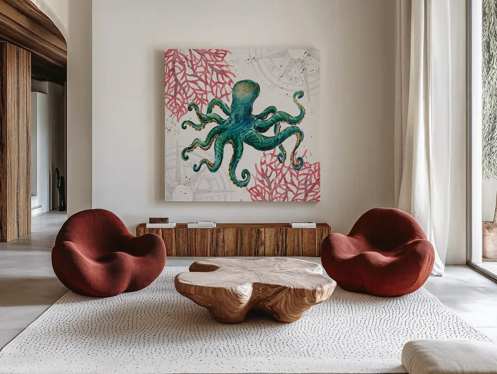 Ocean Finds III by Daphne Brissonnet. Shown as extra-large giant wall art in a modern living room. Available as an archival giclee rolled canvas, fine art paper, or poster print. SKU 64727a.