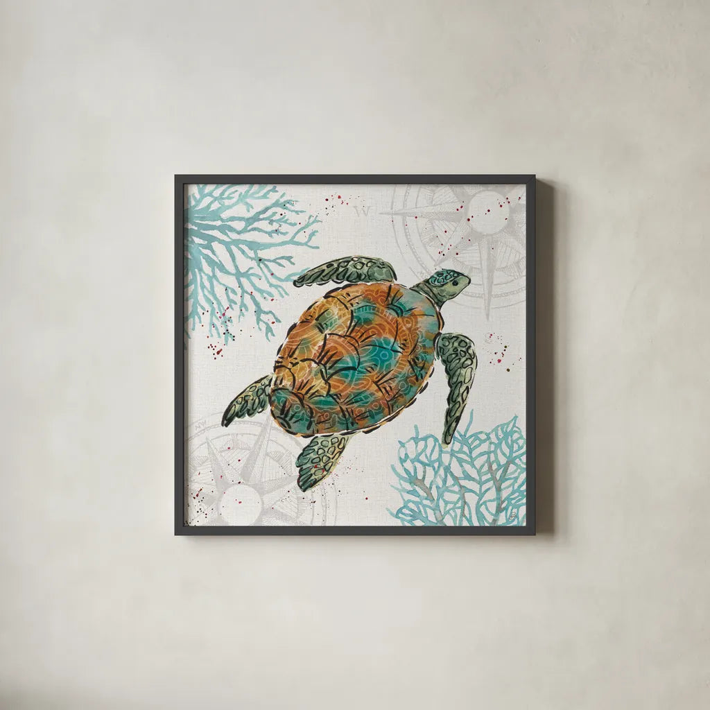 Ocean Finds IV by Daphne Brissonnet. Shown in a sleek black glass frame for a contemporary gallery look. Available as an archival giclee rolled canvas, fine art paper, or poster print. SKU 64728a.