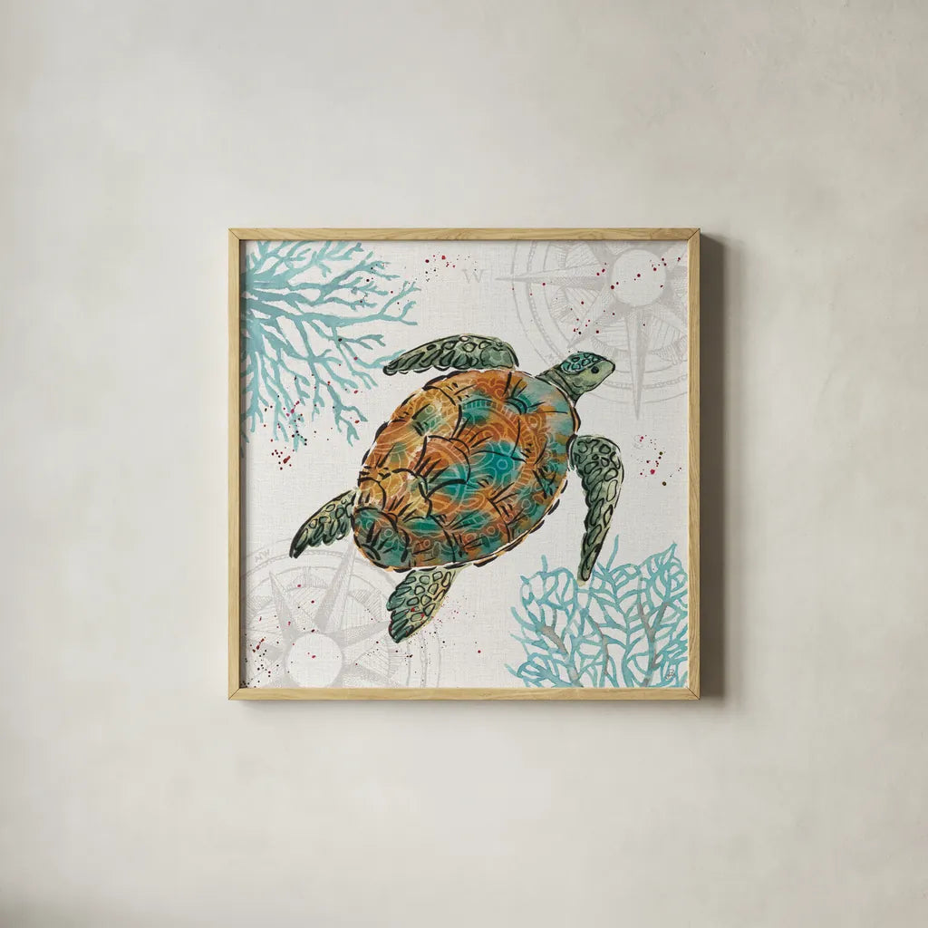 Ocean Finds IV by Daphne Brissonnet. Shown in a natural wood glass frame for a timeless modern aesthetic. Available as an archival giclee rolled canvas, fine art paper, or poster print. SKU 64728a.