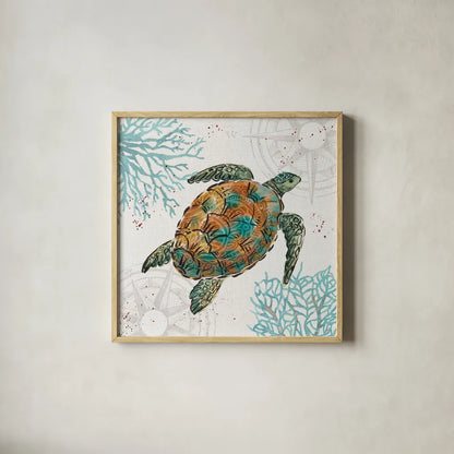 Ocean Finds IV by Daphne Brissonnet. Shown in a natural wood glass frame for a timeless modern aesthetic. Available as an archival giclee rolled canvas, fine art paper, or poster print. SKU 64728a.