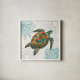 Ocean Finds IV by Daphne Brissonnet. Shown in a crisp white glass frame for a clean and minimalist style. Available as an archival giclee rolled canvas, fine art paper, or poster print. SKU 64728a.
