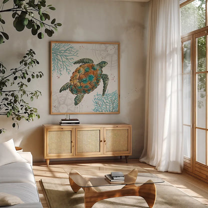 Ocean Finds IV by Daphne Brissonnet. Shown in a natural wood frame in a cozy modern living room. Available as an archival giclee rolled canvas, fine art paper, or poster print. SKU 64728a.