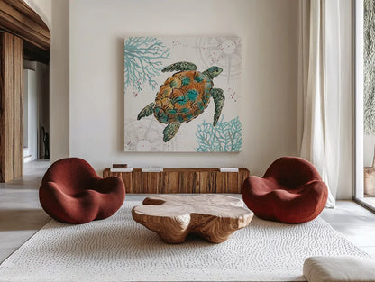 Ocean Finds IV by Daphne Brissonnet. Shown as extra-large giant wall art in a modern living room. Available as an archival giclee rolled canvas, fine art paper, or poster print. SKU 64728a.