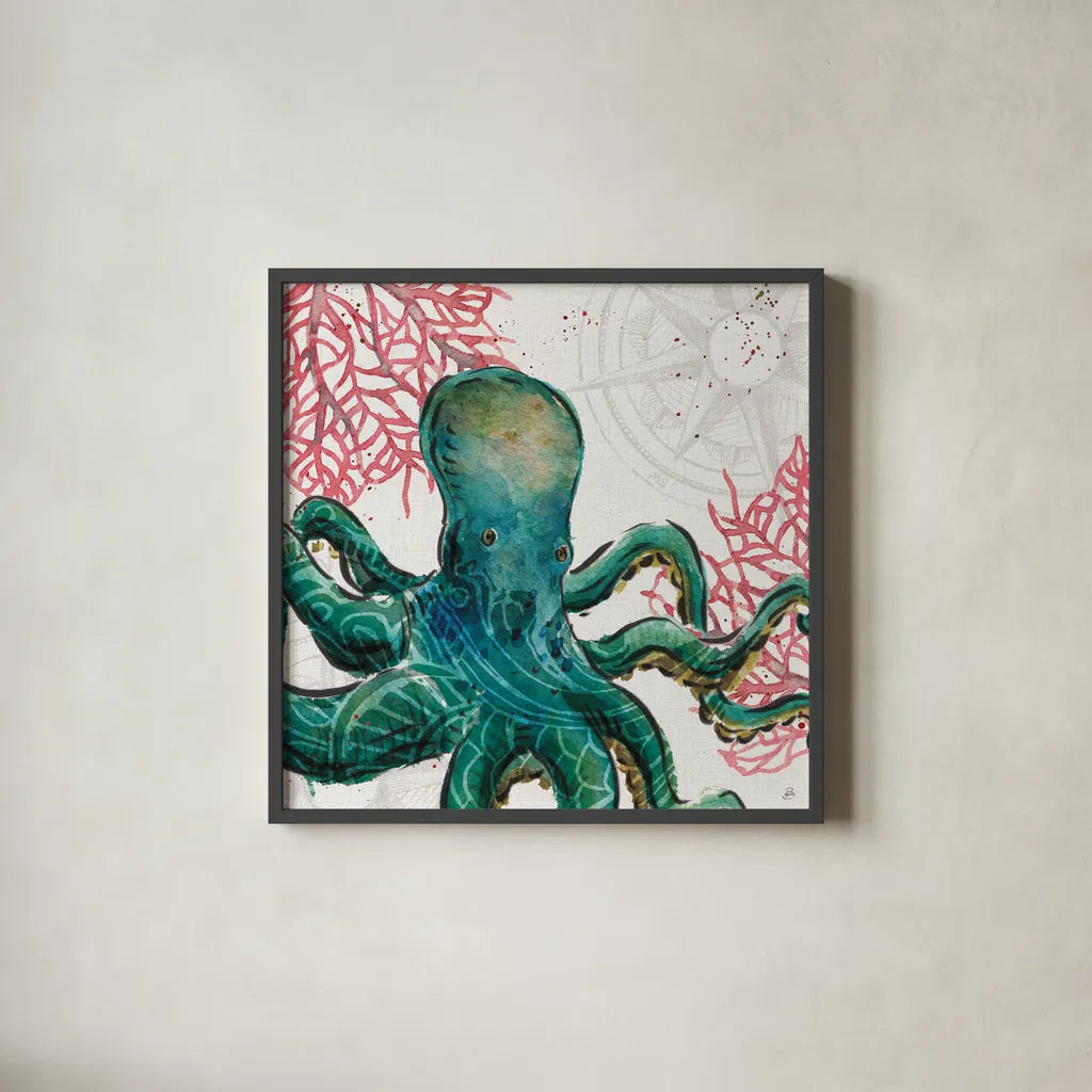 Ocean Finds IX by Daphne Brissonnet. Shown in a sleek black glass frame for a contemporary gallery look. Available as an archival giclee rolled canvas, fine art paper, or poster print. SKU 64733a.