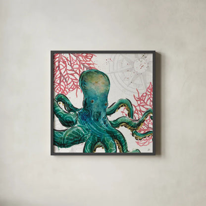 Ocean Finds IX by Daphne Brissonnet. Shown in a sleek black glass frame for a contemporary gallery look. Available as an archival giclee rolled canvas, fine art paper, or poster print. SKU 64733a.