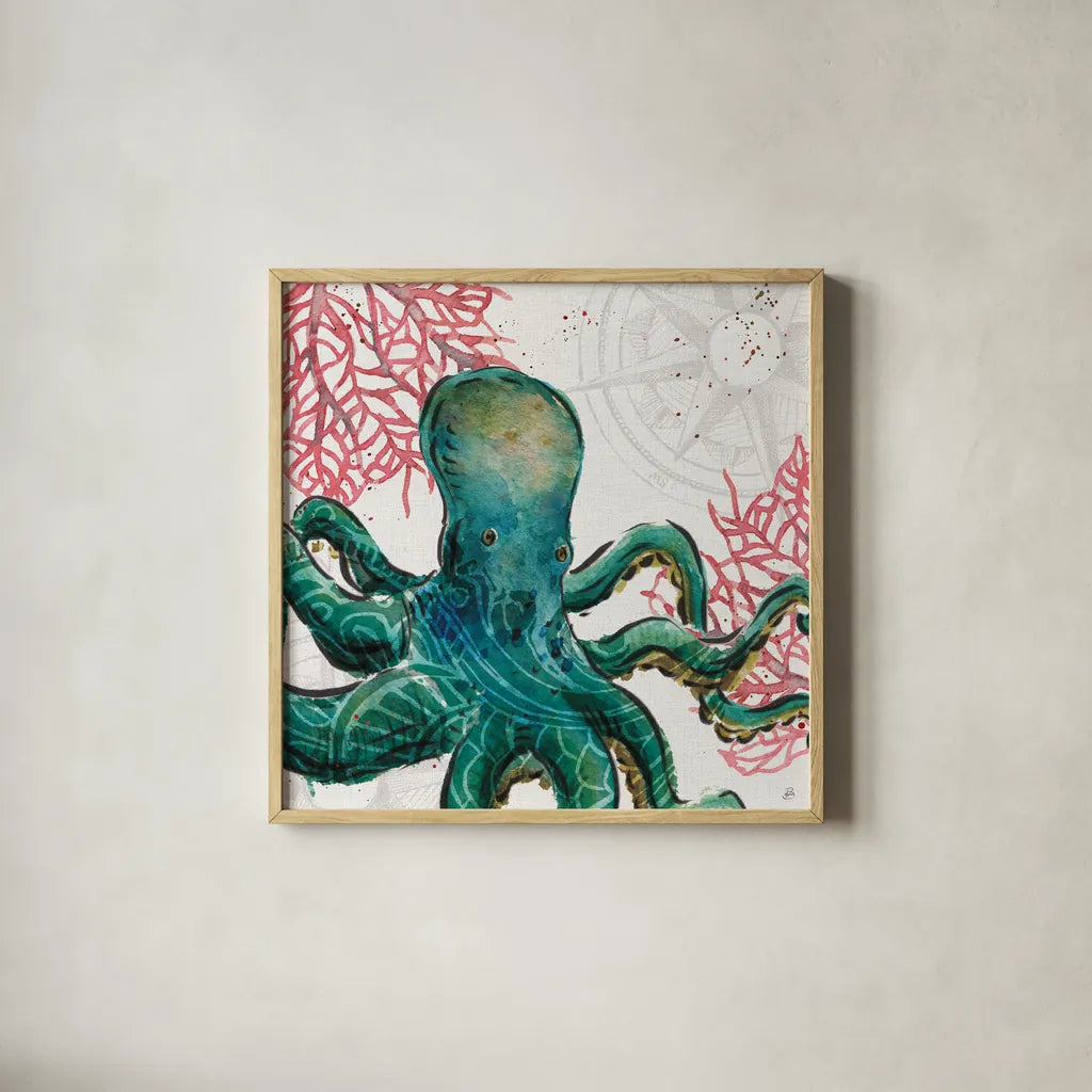 Ocean Finds IX by Daphne Brissonnet. Shown in a natural wood glass frame for a timeless modern aesthetic. Available as an archival giclee rolled canvas, fine art paper, or poster print. SKU 64733a.