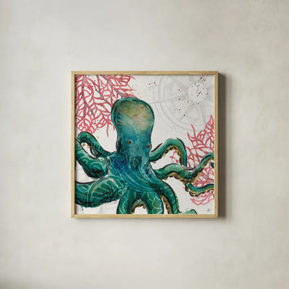 Ocean Finds IX by Daphne Brissonnet. Shown in a natural wood glass frame for a timeless modern aesthetic. Available as an archival giclee rolled canvas, fine art paper, or poster print. SKU 64733a.