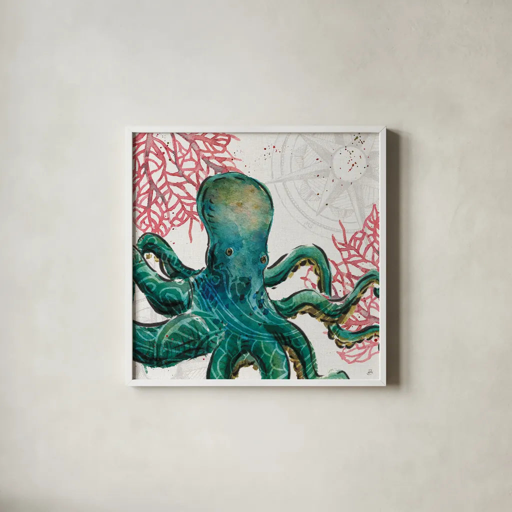 Ocean Finds IX by Daphne Brissonnet. Shown in a crisp white glass frame for a clean and minimalist style. Available as an archival giclee rolled canvas, fine art paper, or poster print. SKU 64733a.