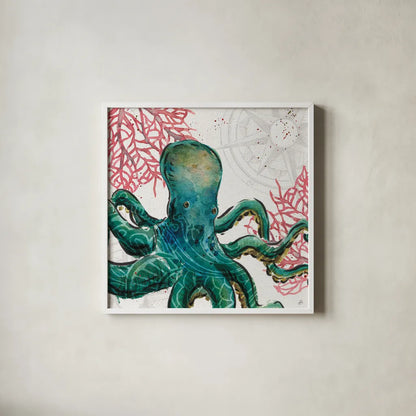 Ocean Finds IX by Daphne Brissonnet. Shown in a crisp white glass frame for a clean and minimalist style. Available as an archival giclee rolled canvas, fine art paper, or poster print. SKU 64733a.