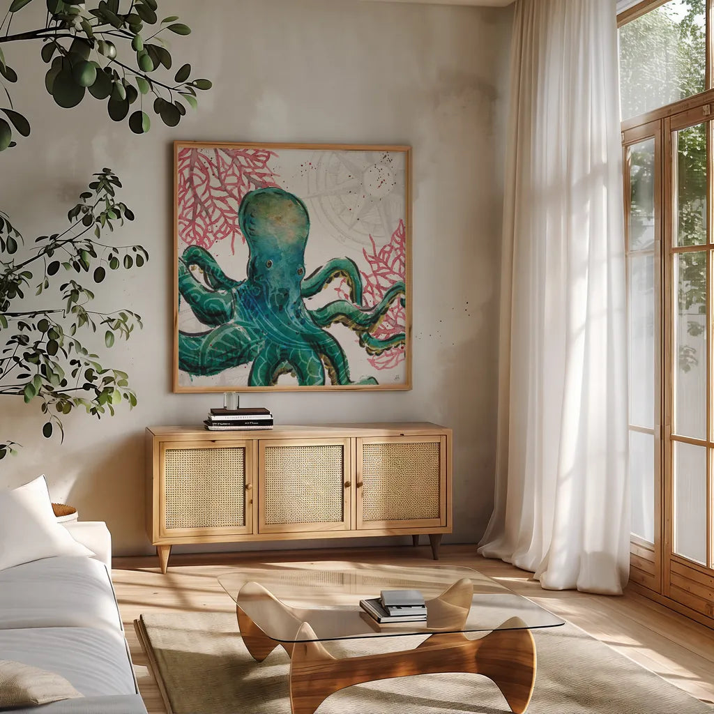 Ocean Finds IX by Daphne Brissonnet. Shown in a natural wood frame in a cozy modern living room. Available as an archival giclee rolled canvas, fine art paper, or poster print. SKU 64733a.