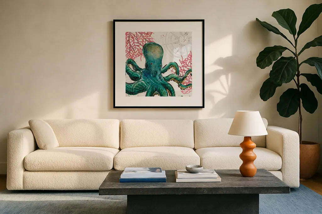 Ocean Finds IX by Daphne Brissonnet. Displayed in a glass frame with matte in a clean modern living room. Available as an archival giclee rolled canvas, fine art paper, or poster print. SKU 64733a.