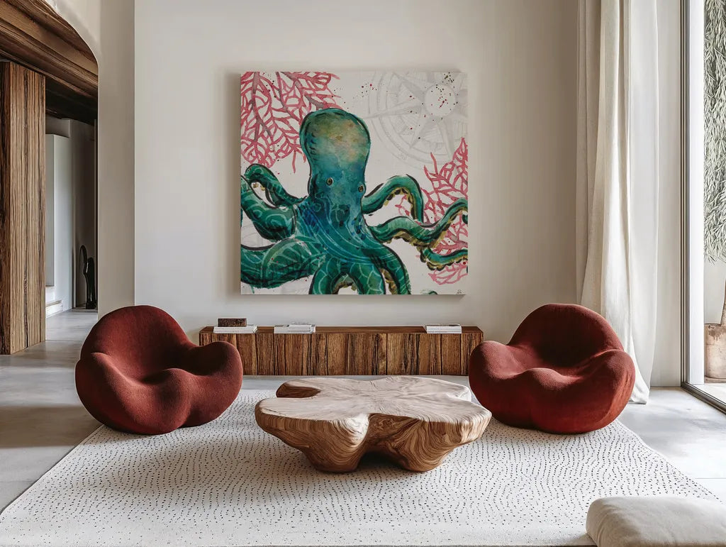 Ocean Finds IX by Daphne Brissonnet. Shown as extra-large giant wall art in a modern living room. Available as an archival giclee rolled canvas, fine art paper, or poster print. SKU 64733a.