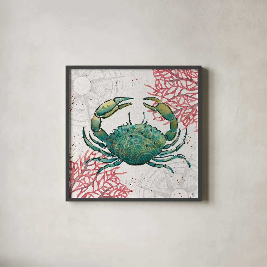 Ocean Finds V by Daphne Brissonnet. Shown in a sleek black glass frame for a contemporary gallery look. Available as an archival giclee rolled canvas, fine art paper, or poster print. SKU 64729a.