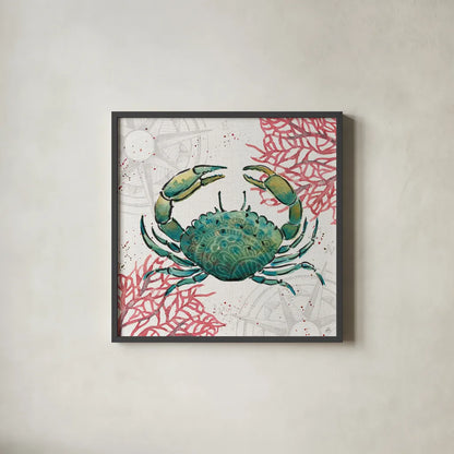 Ocean Finds V by Daphne Brissonnet. Shown in a sleek black glass frame for a contemporary gallery look. Available as an archival giclee rolled canvas, fine art paper, or poster print. SKU 64729a.