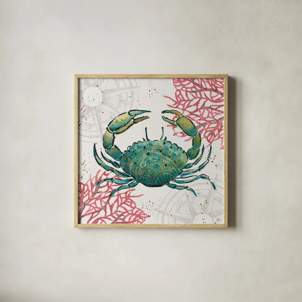 Ocean Finds V by Daphne Brissonnet. Shown in a natural wood glass frame for a timeless modern aesthetic. Available as an archival giclee rolled canvas, fine art paper, or poster print. SKU 64729a.