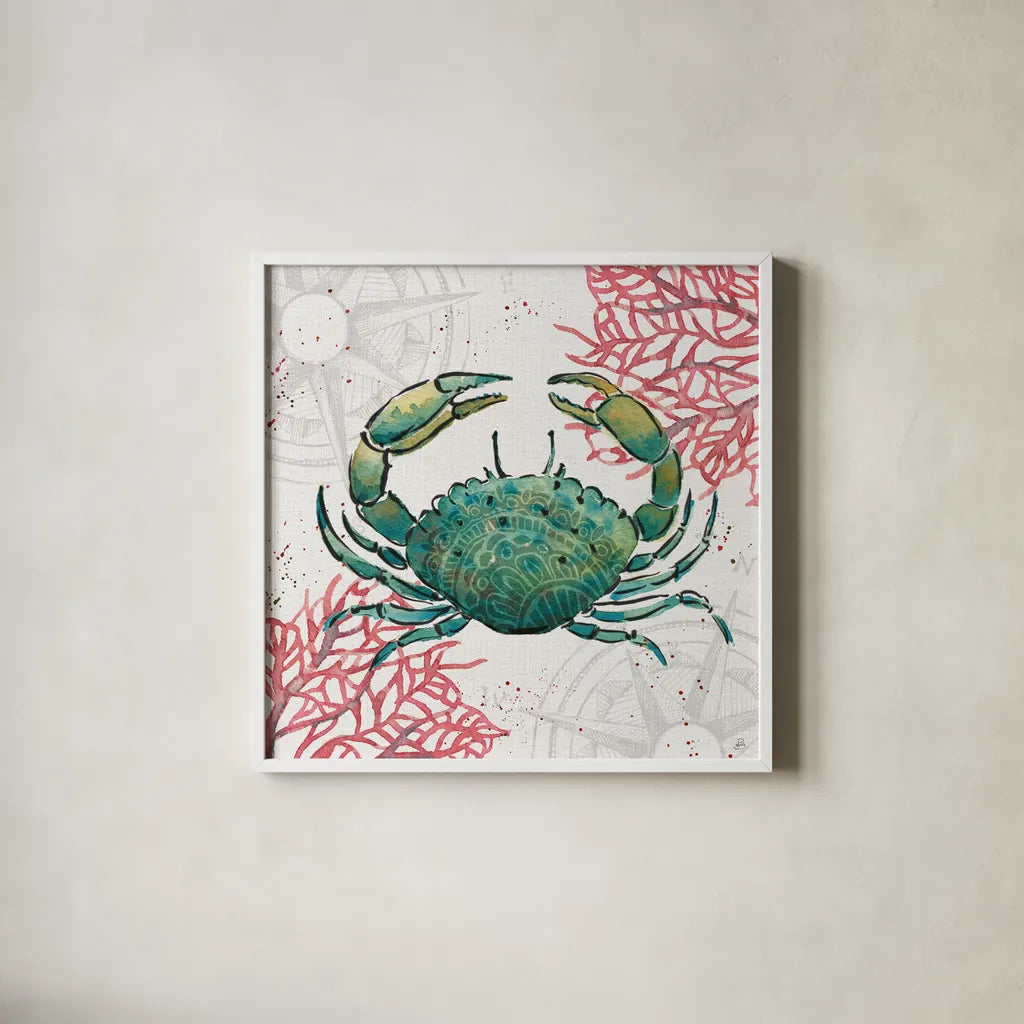 Ocean Finds V by Daphne Brissonnet. Shown in a crisp white glass frame for a clean and minimalist style. Available as an archival giclee rolled canvas, fine art paper, or poster print. SKU 64729a.