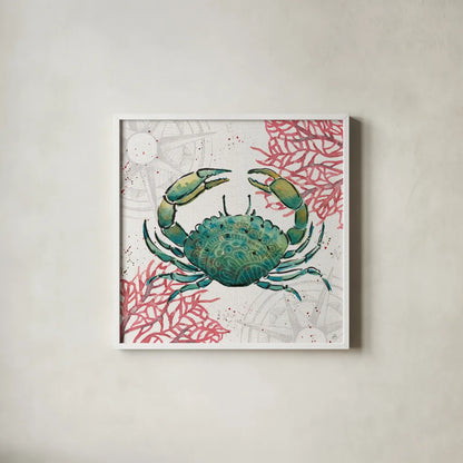 Ocean Finds V by Daphne Brissonnet. Shown in a crisp white glass frame for a clean and minimalist style. Available as an archival giclee rolled canvas, fine art paper, or poster print. SKU 64729a.