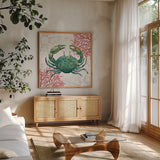 Ocean Finds V by Daphne Brissonnet. Shown in a natural wood frame in a cozy modern living room. Available as an archival giclee rolled canvas, fine art paper, or poster print. SKU 64729a.