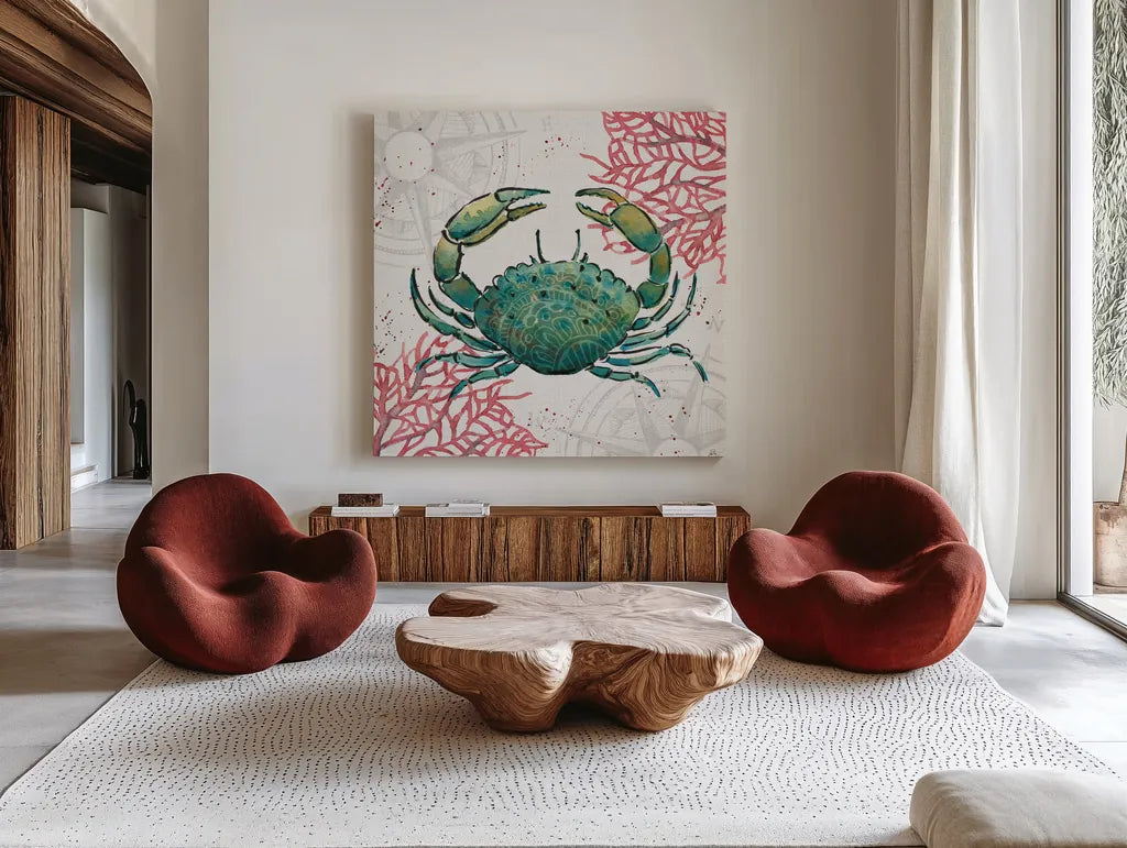 Ocean Finds V by Daphne Brissonnet. Shown as extra-large giant wall art in a modern living room. Available as an archival giclee rolled canvas, fine art paper, or poster print. SKU 64729a.
