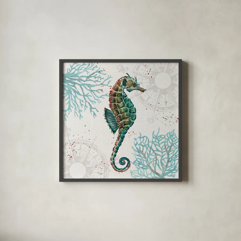 Ocean Finds VI by Daphne Brissonnet. Shown in a sleek black glass frame for a contemporary gallery look. Available as an archival giclee rolled canvas, fine art paper, or poster print. SKU 64730a.