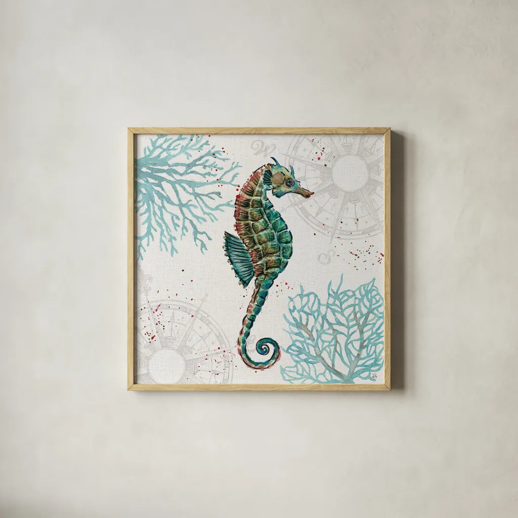 Ocean Finds VI by Daphne Brissonnet. Shown in a natural wood glass frame for a timeless modern aesthetic. Available as an archival giclee rolled canvas, fine art paper, or poster print. SKU 64730a.