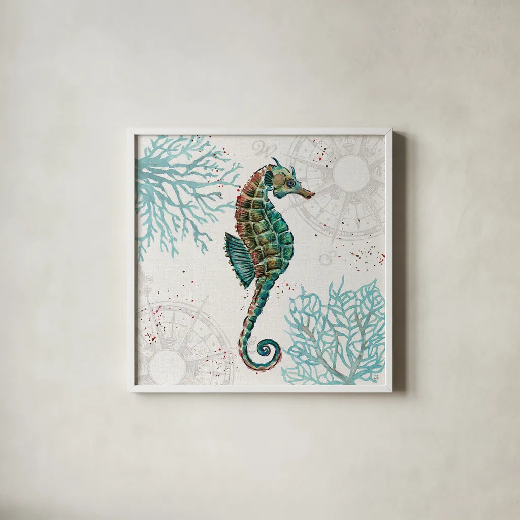 Ocean Finds VI by Daphne Brissonnet. Shown in a crisp white glass frame for a clean and minimalist style. Available as an archival giclee rolled canvas, fine art paper, or poster print. SKU 64730a.