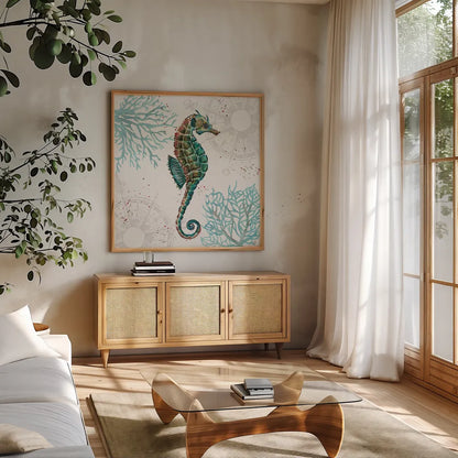 Ocean Finds VI by Daphne Brissonnet. Shown in a natural wood frame in a cozy modern living room. Available as an archival giclee rolled canvas, fine art paper, or poster print. SKU 64730a.