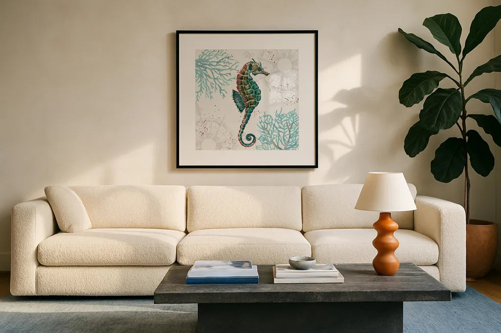 Ocean Finds VI by Daphne Brissonnet. Displayed in a glass frame with matte in a clean modern living room. Available as an archival giclee rolled canvas, fine art paper, or poster print. SKU 64730a.