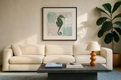 Ocean Finds VI by Daphne Brissonnet. Displayed in a glass frame with matte in a clean modern living room. Available as an archival giclee rolled canvas, fine art paper, or poster print. SKU 64730a.