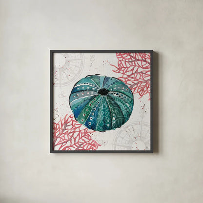 Ocean Finds VII by Daphne Brissonnet. Shown in a sleek black glass frame for a contemporary gallery look. Available as an archival giclee rolled canvas, fine art paper, or poster print. SKU 64731a.