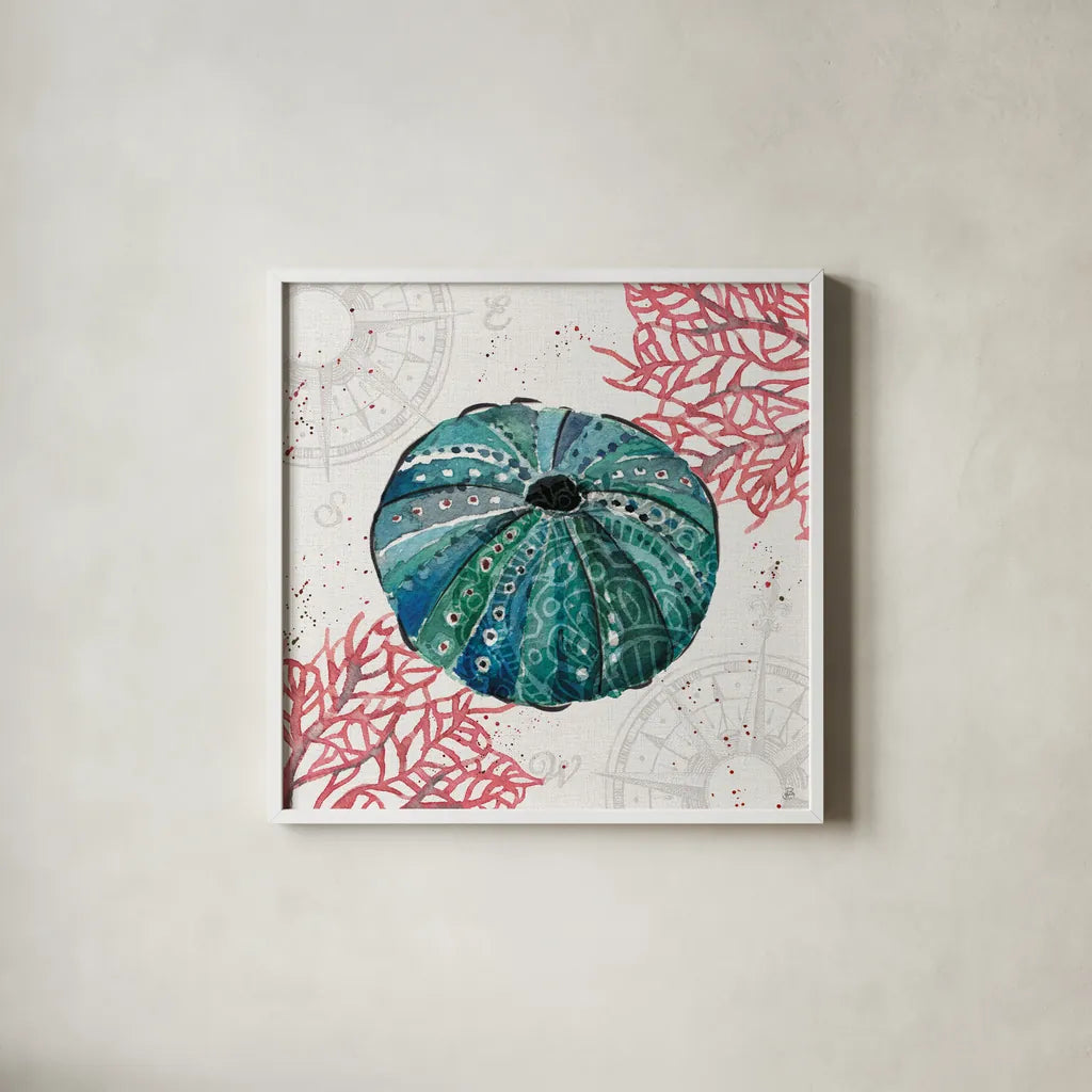 Ocean Finds VII by Daphne Brissonnet. Shown in a crisp white glass frame for a clean and minimalist style. Available as an archival giclee rolled canvas, fine art paper, or poster print. SKU 64731a.