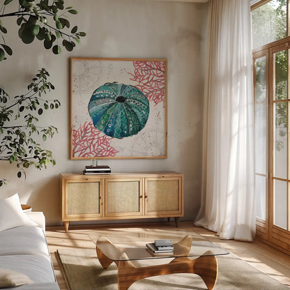 Ocean Finds VII by Daphne Brissonnet. Shown in a natural wood frame in a cozy modern living room. Available as an archival giclee rolled canvas, fine art paper, or poster print. SKU 64731a.