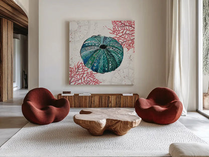 Ocean Finds VII by Daphne Brissonnet. Shown as extra-large giant wall art in a modern living room. Available as an archival giclee rolled canvas, fine art paper, or poster print. SKU 64731a.