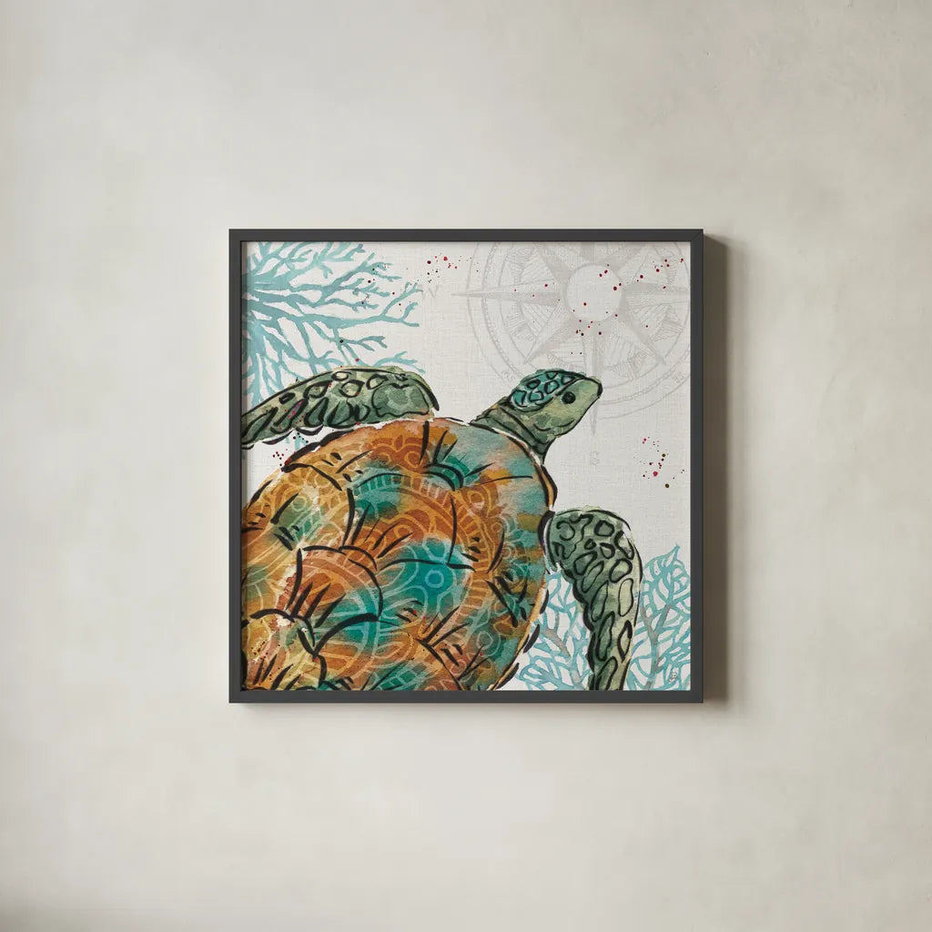 Ocean Finds X by Daphne Brissonnet. Shown in a sleek black glass frame for a contemporary gallery look. Available as an archival giclee rolled canvas, fine art paper, or poster print. SKU 64734a.
