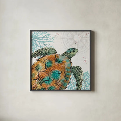 Ocean Finds X by Daphne Brissonnet. Shown in a sleek black glass frame for a contemporary gallery look. Available as an archival giclee rolled canvas, fine art paper, or poster print. SKU 64734a.
