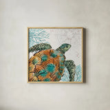 Ocean Finds X by Daphne Brissonnet. Shown in a natural wood glass frame for a timeless modern aesthetic. Available as an archival giclee rolled canvas, fine art paper, or poster print. SKU 64734a.