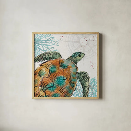 Ocean Finds X by Daphne Brissonnet. Shown in a natural wood glass frame for a timeless modern aesthetic. Available as an archival giclee rolled canvas, fine art paper, or poster print. SKU 64734a.