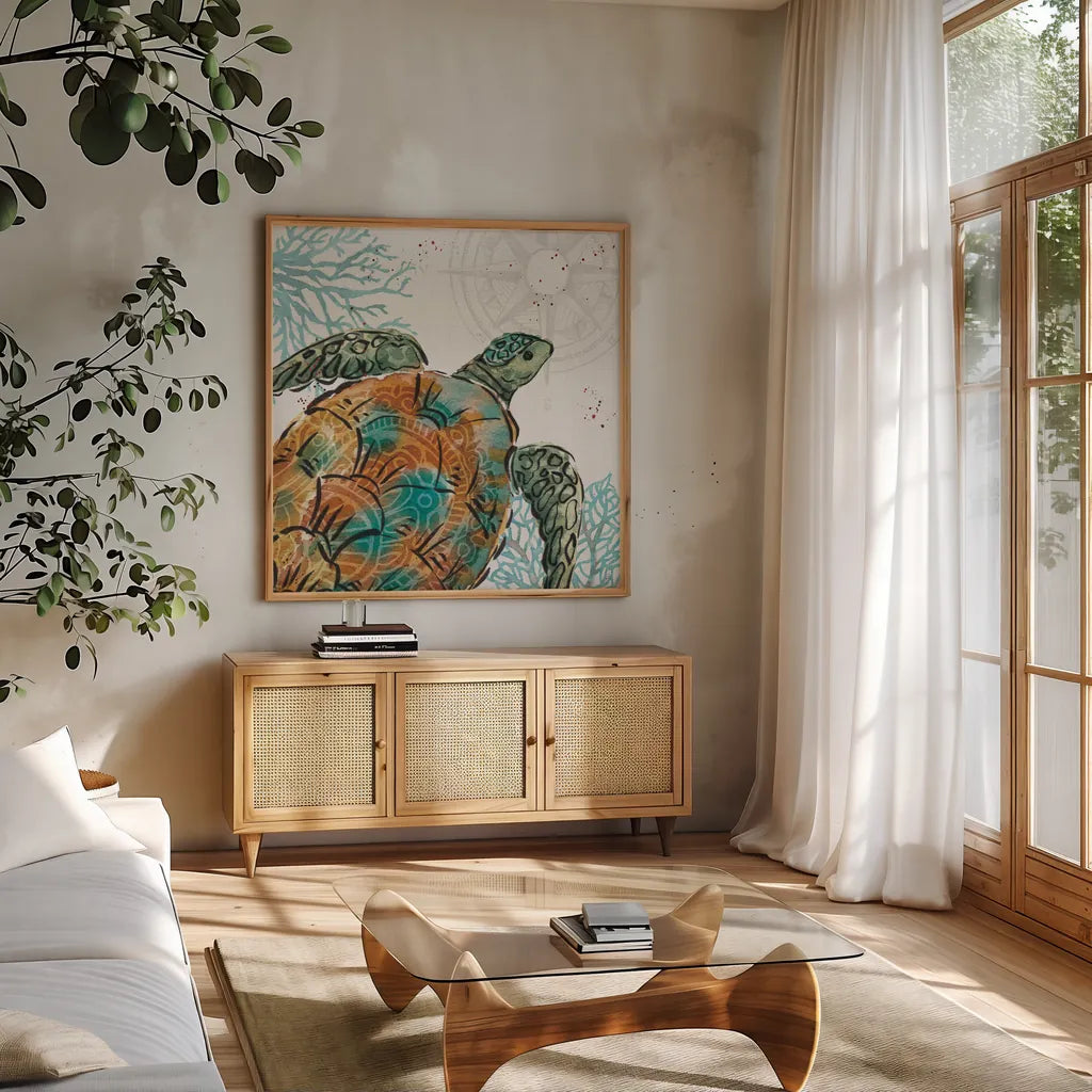 Ocean Finds X by Daphne Brissonnet. Shown in a natural wood frame in a cozy modern living room. Available as an archival giclee rolled canvas, fine art paper, or poster print. SKU 64734a.