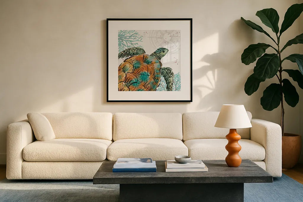 Ocean Finds X by Daphne Brissonnet. Displayed in a glass frame with matte in a clean modern living room. Available as an archival giclee rolled canvas, fine art paper, or poster print. SKU 64734a.